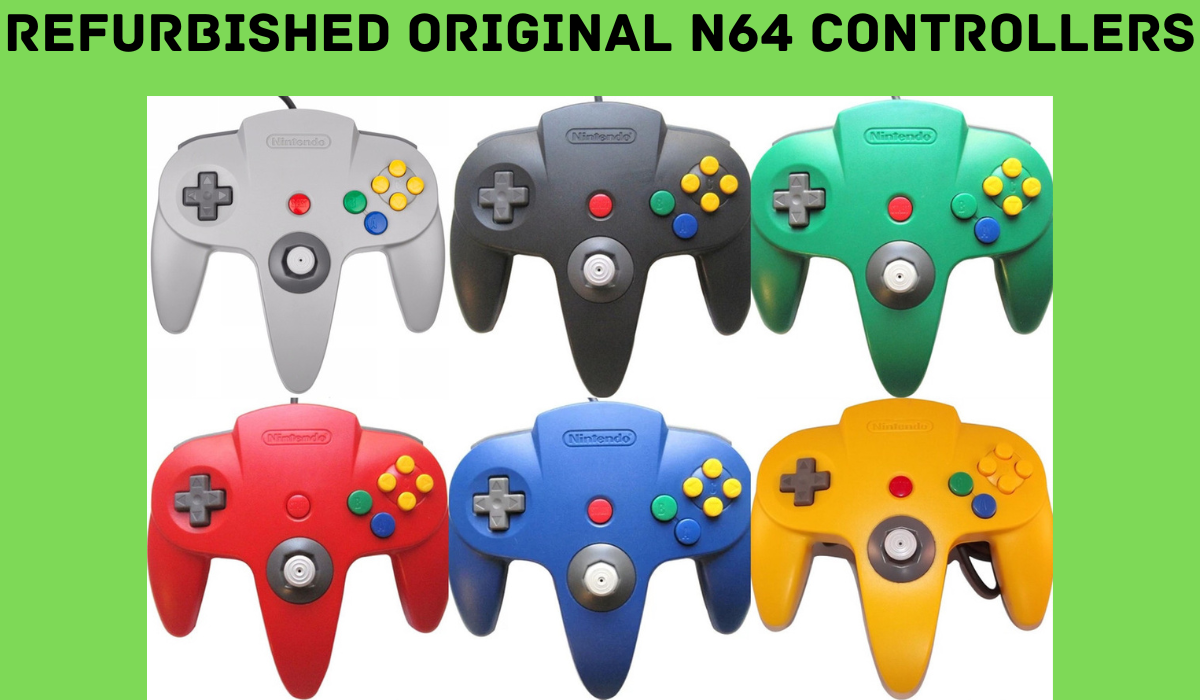Several colors of refurbished original N64 controllers
